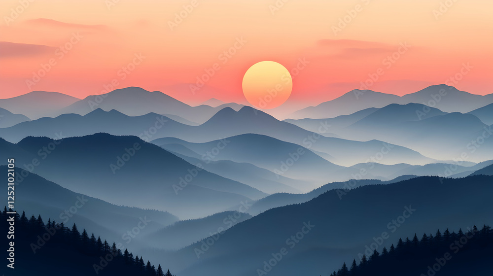 Fototapeta premium Sunrise over misty mountain range. Peaceful landscape