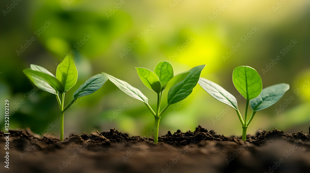 Seedlings growing in sunlight, field background, new life concept