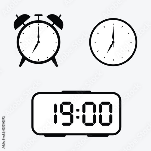 vector illustration of 19 o'clock, timer and 19 o'clock alarm