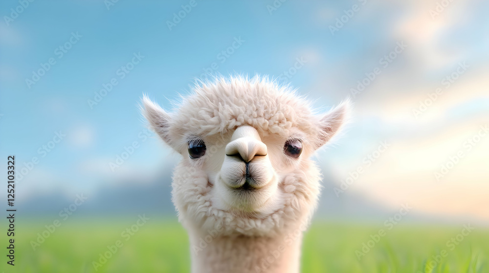 Obraz premium Cute alpaca portrait, farm field background, sunrise