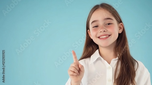 Girl pointing, studio portrait, positive expression, great for educational resources photo