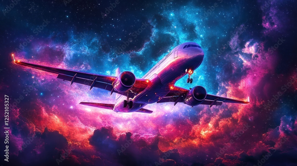 Airplane Soaring Through A Vibrant Cosmic Nebula
