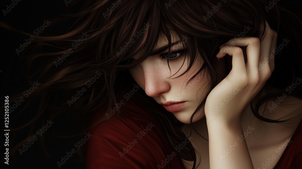 Portrait of a contemplative young woman with flowing hair, set against a dark background, expressing emotion Portrait of a contemplative young woman with flowing hair, set against a dark background, expressing emotion