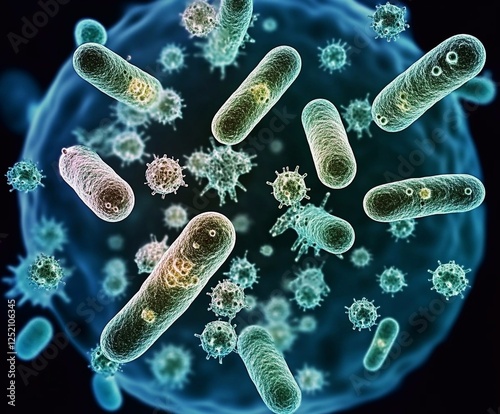 Bacteria and viruses interact in microscopic environment showcasing diverse cellular structures and movements