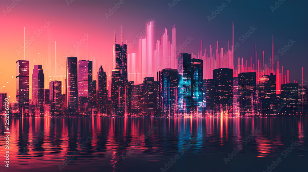 Obraz premium A vibrant city skyline at dusk with soundwave graphics overlay. Soundwave Architecture. Illustration