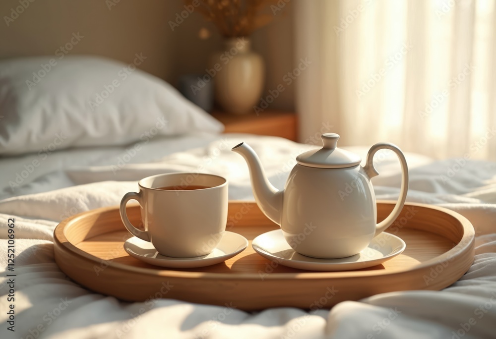 Hot tea with teapot on wooden tray in bed on lazy morning. White bedding. Cosy winter mood for comfortable wake up lifestyle. Homely rustic still life. Hot tea with teapot on wooden tray in bed on lazy morning. White bedding. Cosy winter mood for comfortable wake up lifestyle. Homely rustic still life.