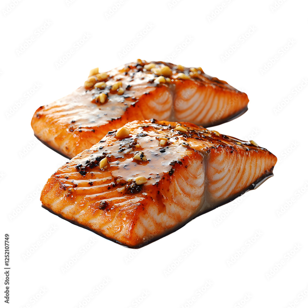 Caramel Glazed Salmon Marinade - Two Pieces of Salmon Isolated on Transparent Background Caramel Glazed Salmon Marinade - Two Pieces of Salmon Isolated on Transparent Background