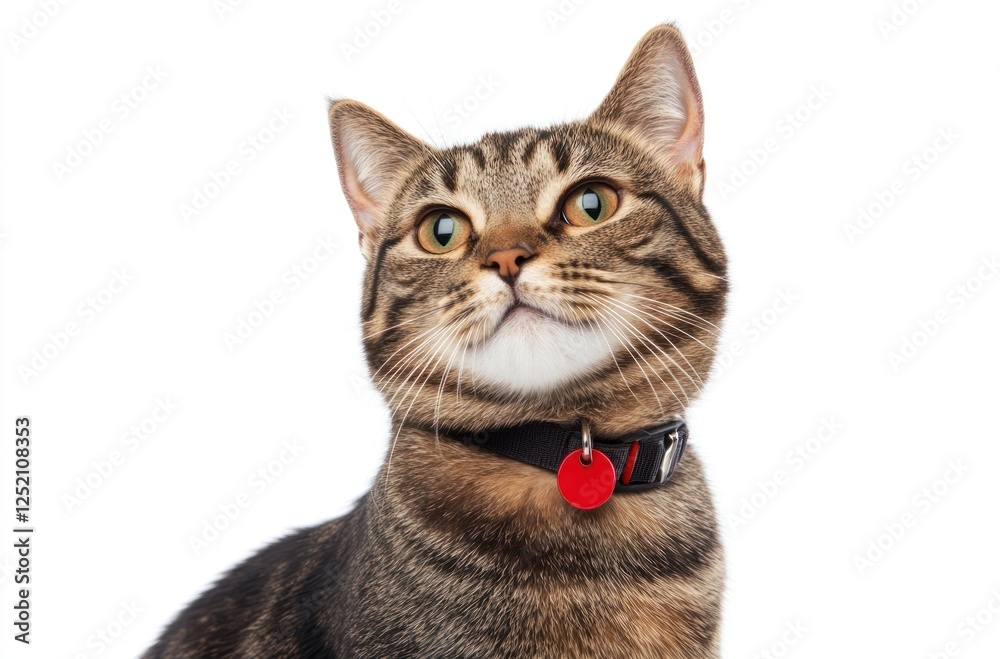 Fototapeta premium Tabby Cat Wearing A Collar With A Red Tag