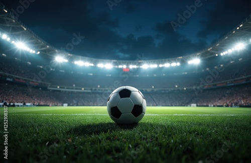 Soccer ball on field in illuminated stadium at night. Football match in arena with green grass. Spotlights shine during championship competition. Game, team play under dark sky.