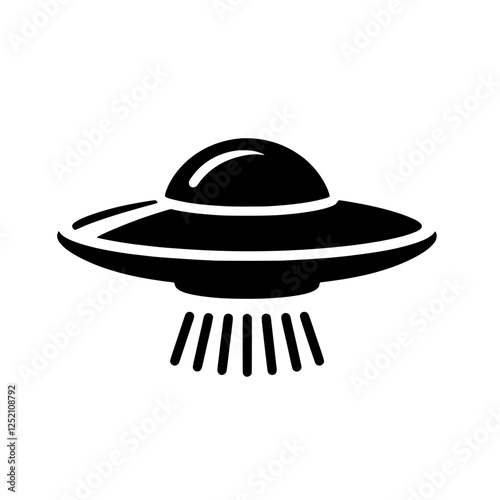 Unidentified Flying Object: A classic illustration of a UFO, depicted in a simple yet striking black silhouette against a white background, emitting beams of light from its underside.