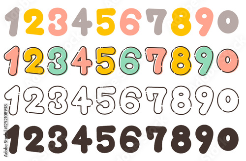 丸みを帯びた可愛い手描き数字ベクターイラストセット かわいい 丸っこい ぷにぷに 手書き