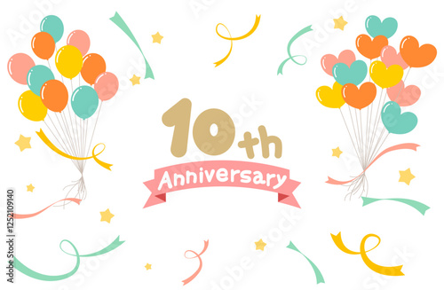 風船とリボンの10周年ベクターイラスト バルーン アニバーサリー 記念日 ハート