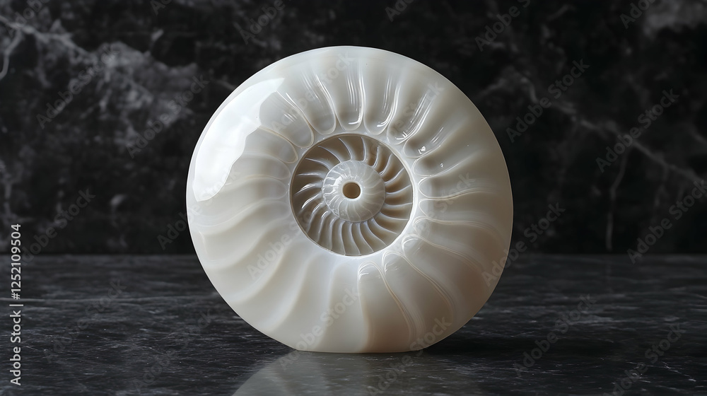 Obraz premium White ammonite fossil on marble. Science decor