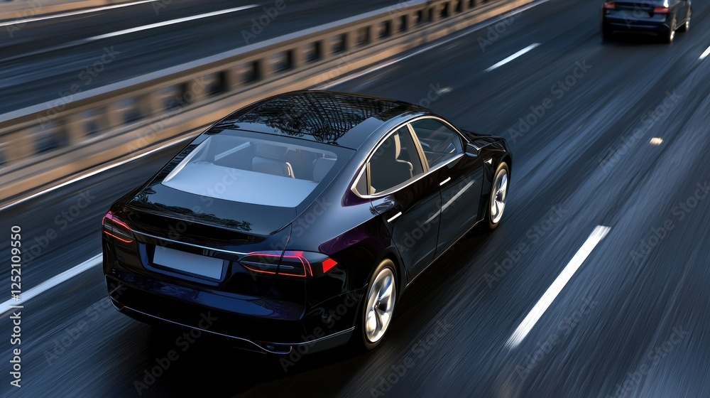 Dark sedan highway driving, city background, transport image Dark sedan highway driving, city background, transport image