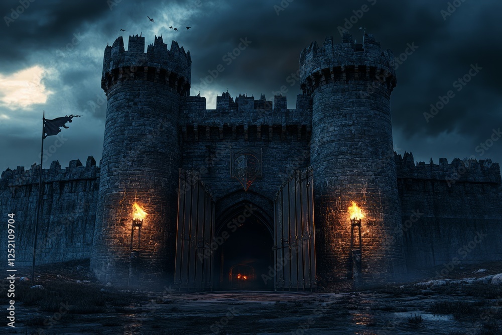Fototapeta premium Majestic castle gates at night with torches ablaze. AI image