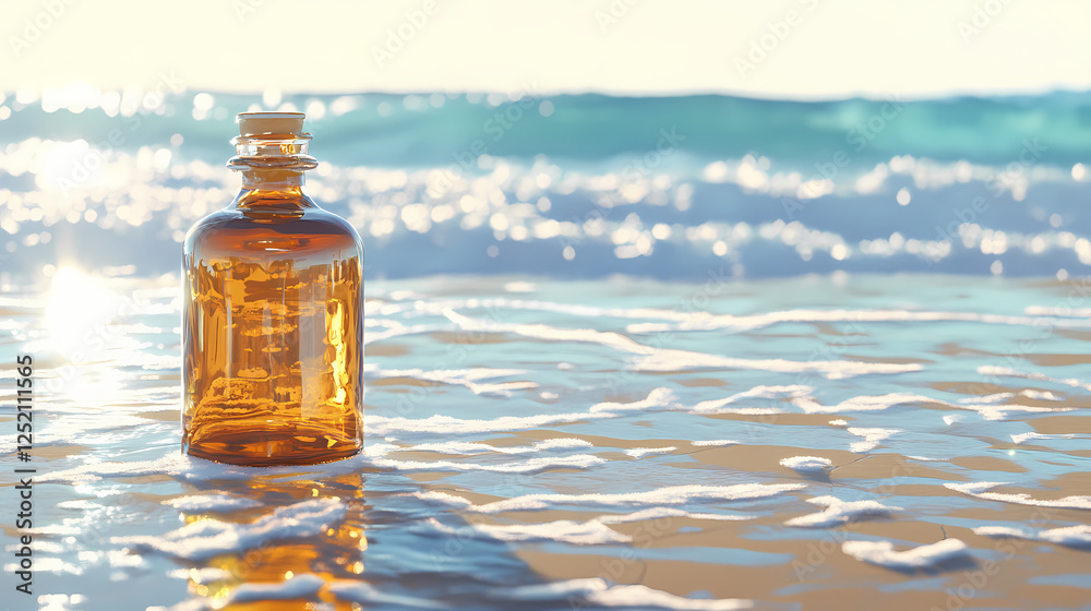 Amber glass bottle resting on wet sand, reflecting sunlight and ocean waves in the background. Glass Oceans. Illustration Amber glass bottle resting on wet sand, reflecting sunlight and ocean waves in the background. Glass Oceans. Illustration