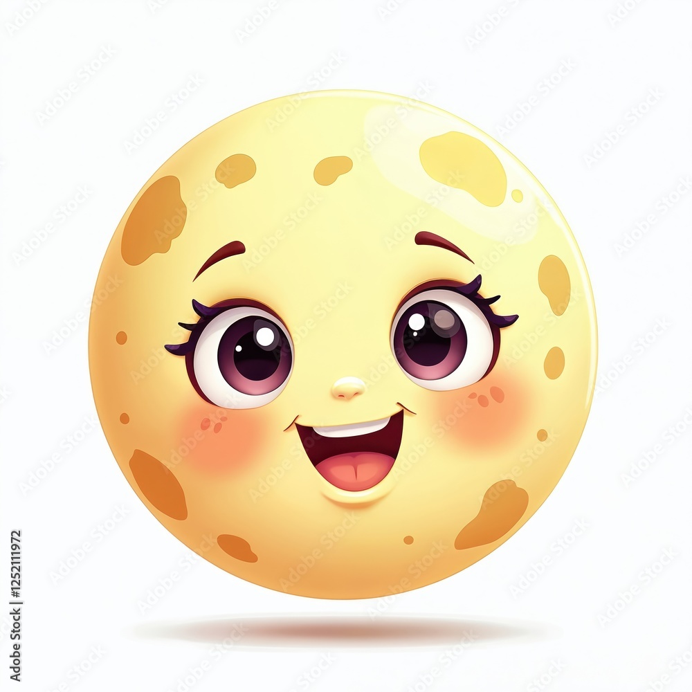 Fototapeta premium Cartoon 3D illustration of sweet smiling moon with eyes, eyelashes, mouth. Charming, childish, yellow heavenly body character on white background. Joyful lunar emoticon icon.
