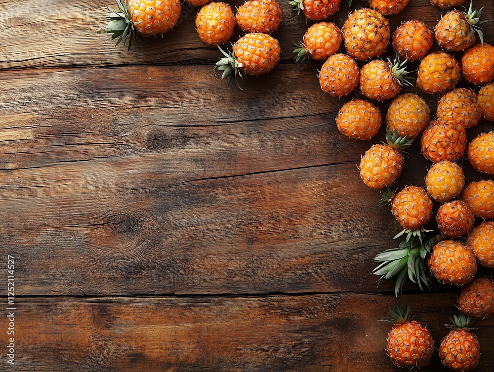 Fototapeta premium A vibrant array of juicy pineapples sprawls on the brown background, Tropical freshness and color. Generative Ai