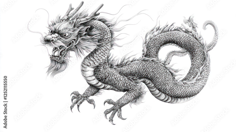 Majestic Two Headed Dragon Illustration In Grayscale Majestic Two Headed Dragon Illustration In Grayscale