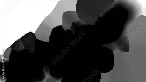 Patches of black watercolor blooming on a damp white page, stylish abstract painting animation vision smooth cool nice motion dynamic artistic 3D rendering 4K footage.
