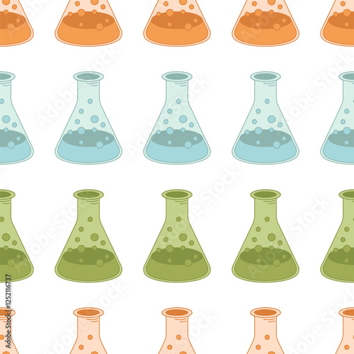 Chemistry lab equipment pattern. Illustration of erlenmeyer flasks, chemistry laboratory supplies pattern. 