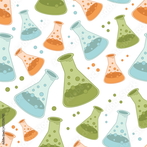 Lab equipment. Illustration of erlenmeyer flasks, chemistry laboratory supplies pattern. 