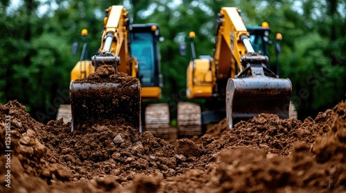 Excavators digging soil, construction site, forest background, earthworks