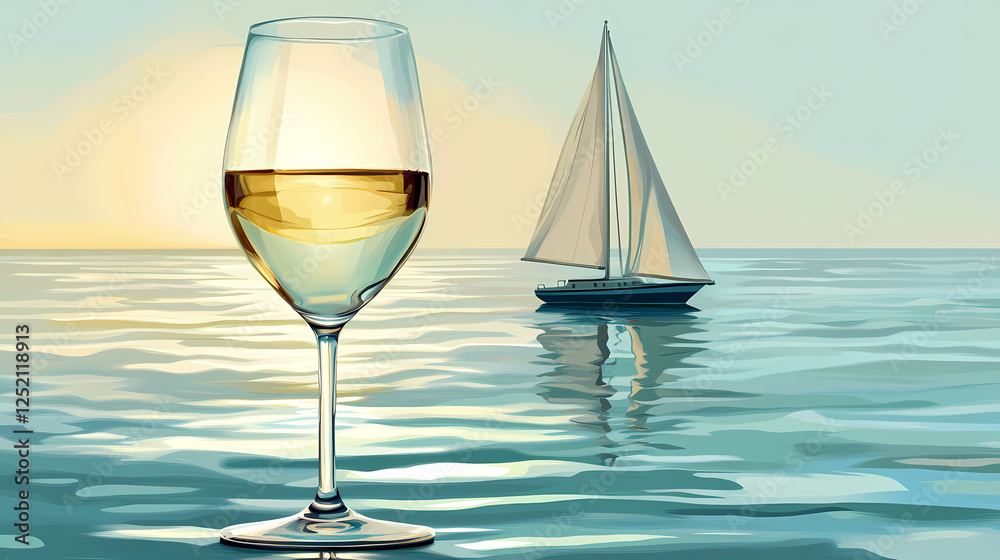 White wine and sailboat on a peaceful ocean backdrop, nautical, table. Glass Oceans. Illustration White wine and sailboat on a peaceful ocean backdrop, nautical, table. Glass Oceans. Illustration