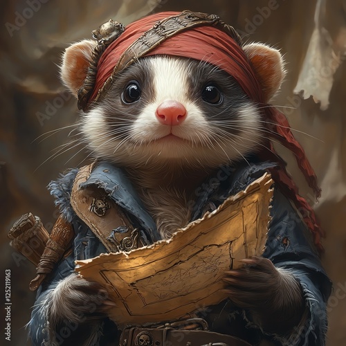 This adorable pirate-themed mascot features a charming raccoon with a bandana, holding a treasure map. Perfect for children's illustrations or playful designs. photo