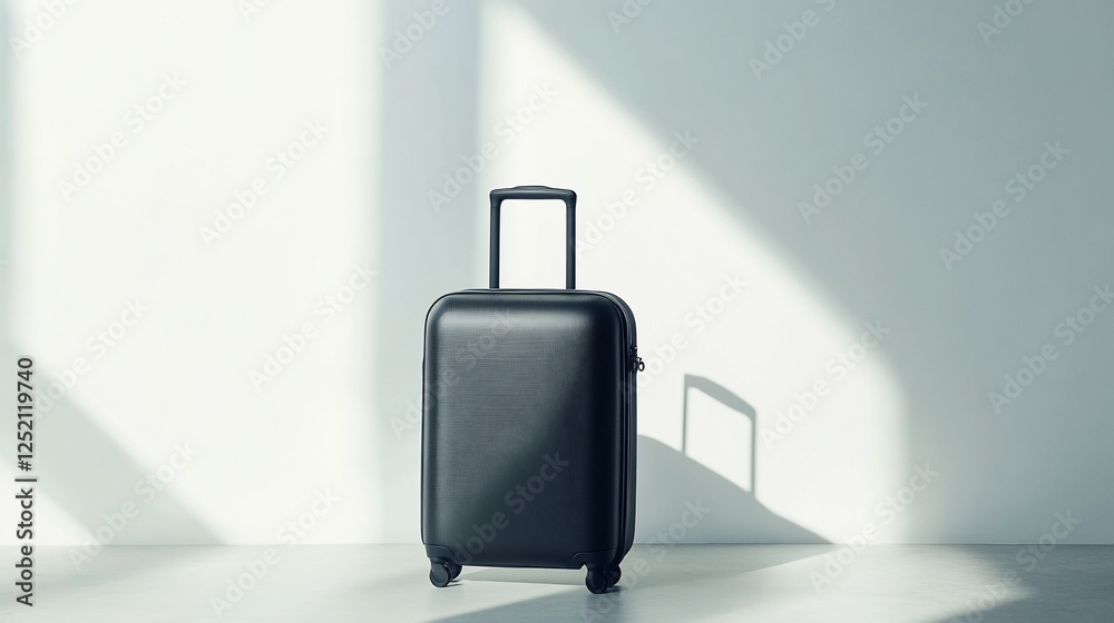 Minimalist Black Suitcase Standing Against a White Wall with Abstract Light and Shadow Minimalist Black Suitcase Standing Against a White Wall with Abstract Light and Shadow