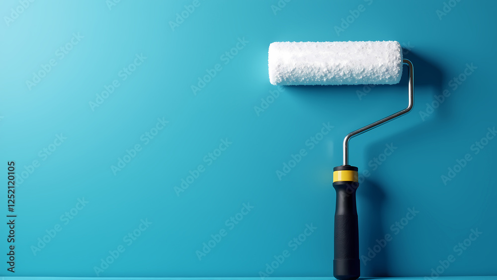 Obraz premium Minimalistic custom painting services banner with copy space, advertisement billboard for paint company with paint roller upright against a blue wall