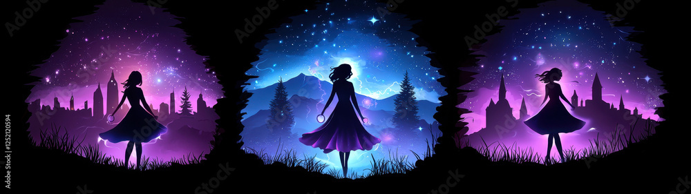 Three vector-style silhouette girls stand against a glowing fantasy cityscape, surrounded by an enchanted forest under a mystical night sky Three vector-style silhouette girls stand against a glowing fantasy cityscape, surrounded by an enchanted forest under a mystical night sky