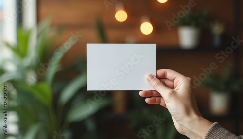Woman hand holds blank white card. Vertical postcard with empty space on blurred background, indoor plants, lights. Template for message, mock-up. Communication and design concepts.