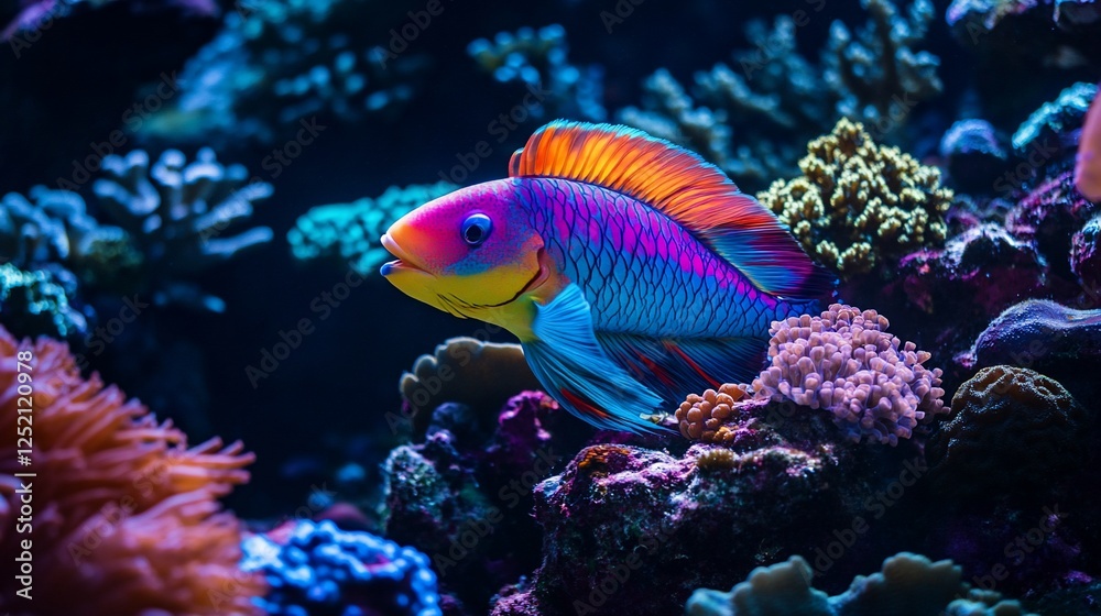 Fototapeta premium Vibrant Parrotfish swimming amidst colorful coral reef and marine life underwater