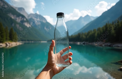 Hand holds bottle water against lake and mountain backdrop. Summer vacation, clean drinking mineral water, healthy lifestyle, natural hydration, pure freshness in nature.