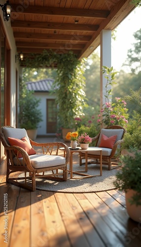 garden wicker terrace spot stylish wooden a flowers cushions relaxing plants warm furniture summer day relaxing spot garden furniture summer day wooden terrace wicker warm stylish plant cushion