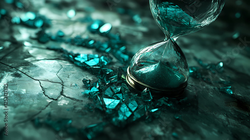 Fractured hourglass symbolizing lost time and missed opportunities with beautiful turquoise shards and intricate cracks capturing the essence of impermanence. Time Fractures. Illustration