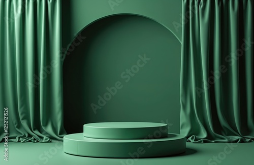 Luxurious 3D render of green podium background with fabric, curtain elements. Designed for showcasing premium products with cloth texture, adds elegance. Silk, satin wave pattern decoration.