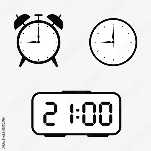 vector illustration of 21 o'clock, timer and 21 o'clock alarm