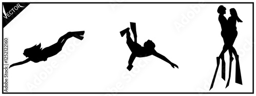 Set of silhouettes of diving, scuba diving, swimming. Vector illustration.