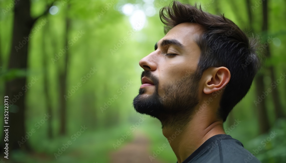 Calm adult man inhales fresh air in forest with rich green trees. Meditating male with closed eyes enjoys relaxation, well-being, inner peace in nature. Calm adult man inhales fresh air in forest with rich green trees. Meditating male with closed eyes enjoys relaxation, well-being, inner peace in nature.