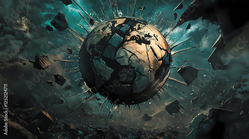 Time-warped globe, fractured earth; crisis-ridden, fragile world. Time Fractures. Illustration photo