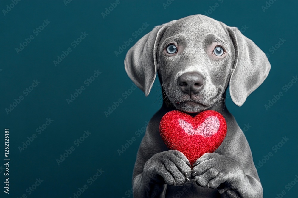 Fototapeta premium Weimaraner - my treasured dog. Ad visual idea. Cute weimaraner doggy with sparkling rhinestones red heart - emblem of love, funny greeting card. Red heart valentine photography. Dog and roses.