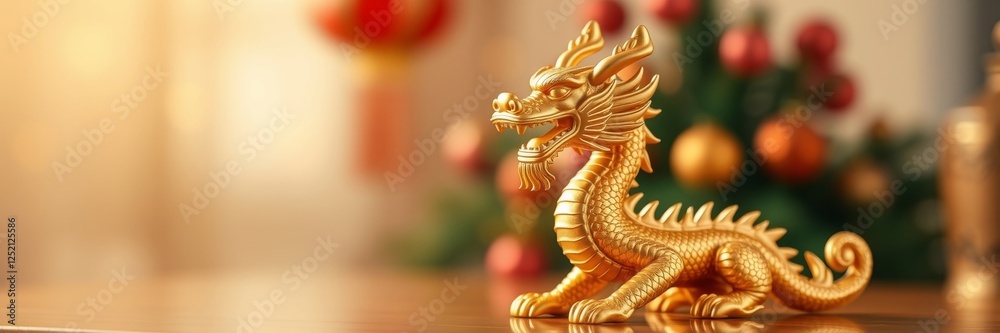 Golden dragon statue with a festive mood displaying cultural significance against a holiday backdrop Golden dragon statue with a festive mood displaying cultural significance against a holiday backdrop