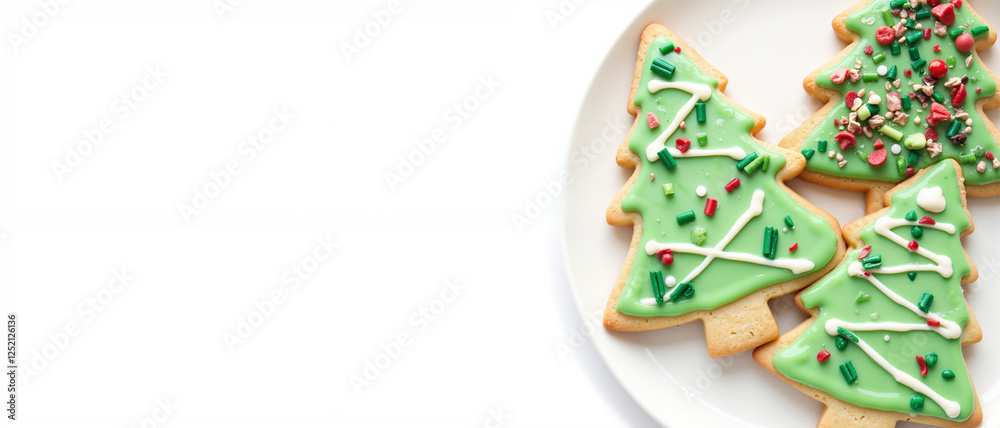 Christmas tree-shaped cookies decorated with green icing and colorful sprinkles conveying a festive and cheerful mood on a simple white plate Christmas tree-shaped cookies decorated with green icing and colorful sprinkles conveying a festive and cheerful mood on a simple white plate