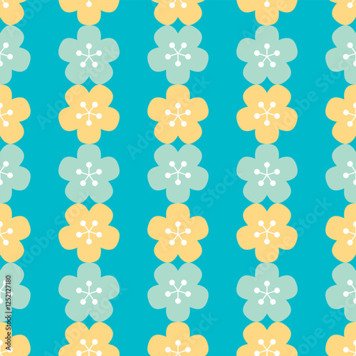 Five petals retro flowers surface pattern design. Yellow and green vintage floral seamless illustration background.