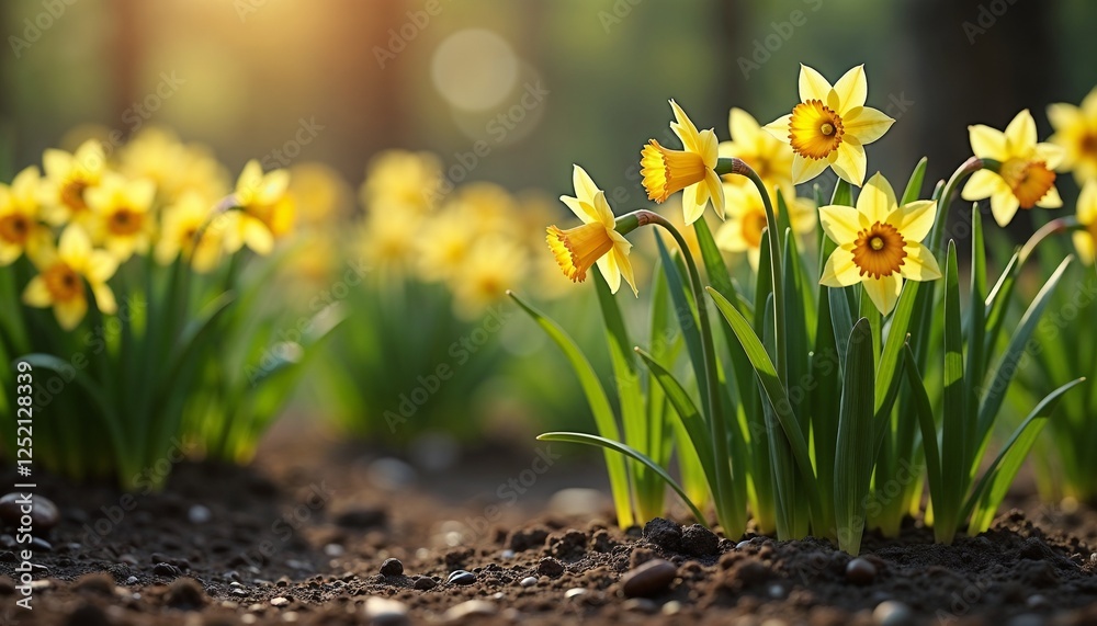 Obraz premium Yellow daffodils blooming in a garden at sunset