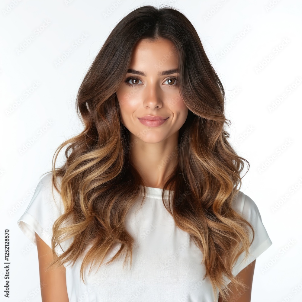 Headshot of attractive brunette with wavy hair. Woman with beautiful make up. Brown eyes looking at camera. Model with long healthy dark hair and modern balayage hair color. White background. Headshot of attractive brunette with wavy hair. Woman with beautiful make up. Brown eyes looking at camera. Model with long healthy dark hair and modern balayage hair color. White background.