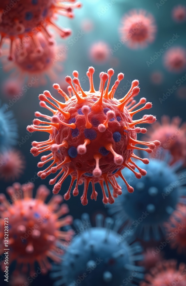 Illustration of epidemic, cancer cells molecule growth, division on host microbiology. Red, blue tumor cell, disease research, virus microscopic chemo, deoxyribonucleic acid, treatment, therapy, Illustration of epidemic, cancer cells molecule growth, division on host microbiology. Red, blue tumor cell, disease research, virus microscopic chemo, deoxyribonucleic acid, treatment, therapy,