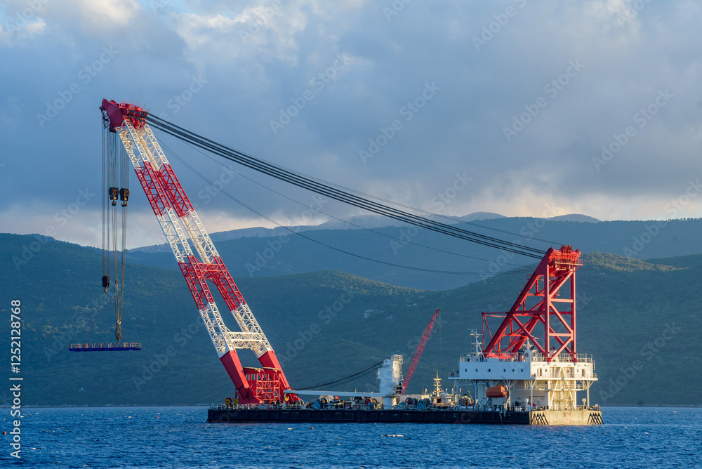 Early Phase of Peljesac Bridge Construction in Croatia Featuring Massive Floating Cranes, Cargo Ships, and Advanced Engineering Early Phase of Peljesac Bridge Construction in Croatia Featuring Massive Floating Cranes, Cargo Ships, and Advanced Engineering